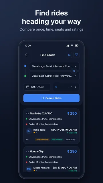 Searching for a Pune to Mumbai ride in TravellBuddy, with prices and seats left