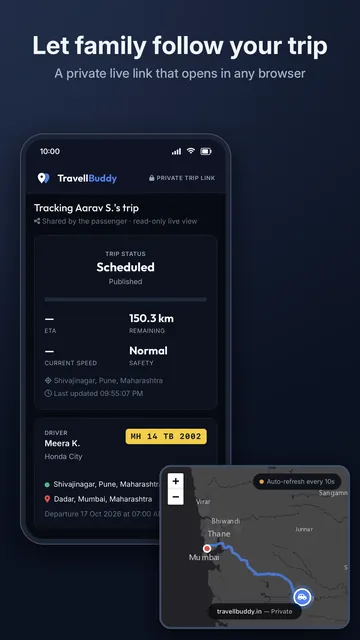 A private live trip link open in a browser, showing trip status and the route