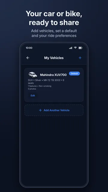 The My Vehicles screen, where a car or bike is added and set as the default